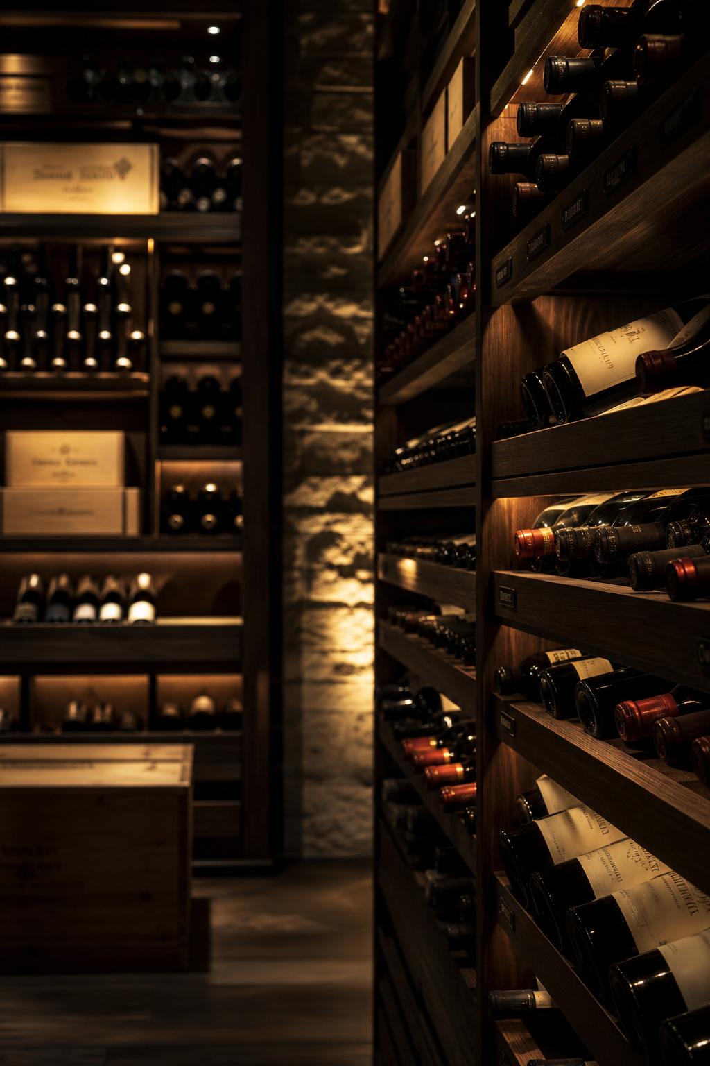 Dark climate-controlled wine cellar with bottles resting on illuminated wooden racks