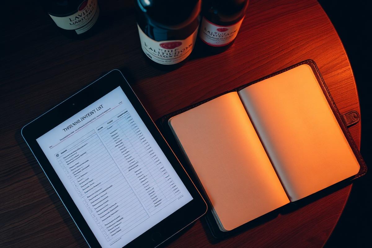 Leather-bound ledger and tablet with a wine inventory list beside vintage bottles