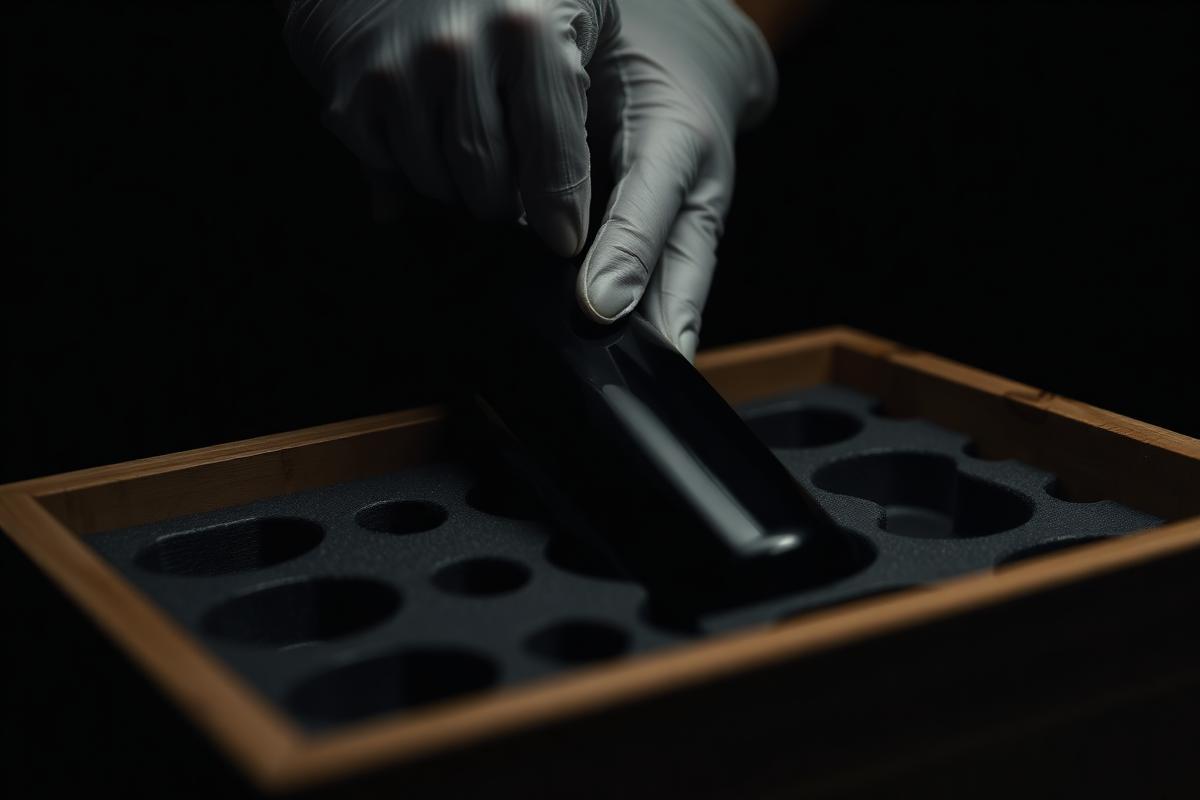 Gloved hand placing a wine bottle into a foam-lined cedar transport crate